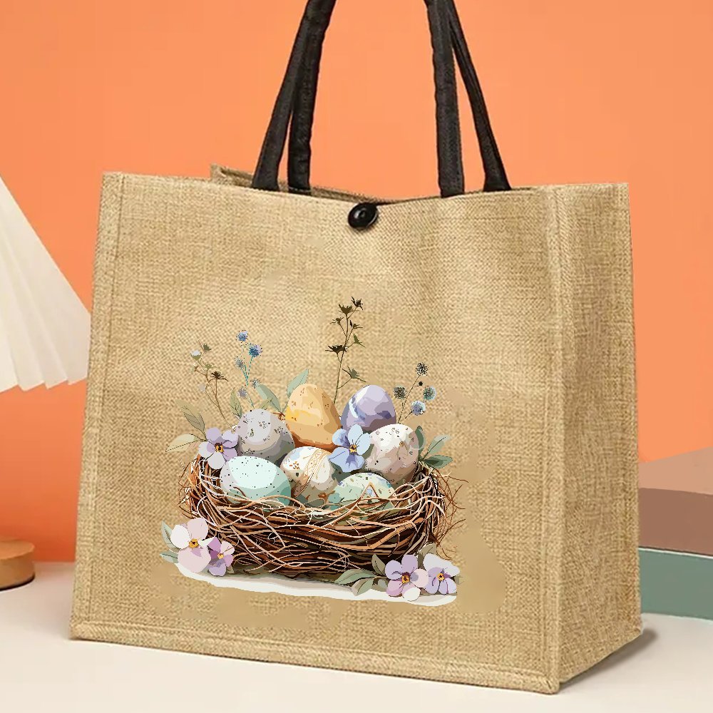 

Print Jute Tote Bag, Large Capacity Fabric Handbag With Closure For Shopping, Picnic, Party, Travel - Spring Gift Idea