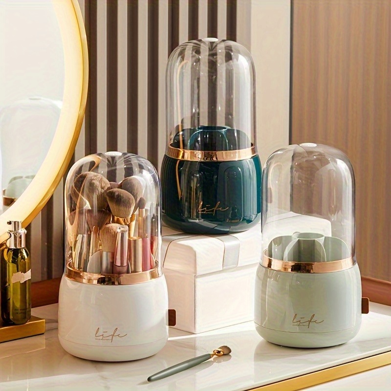 luxury makeup brush organizer with mint green rose golden accents transparent vanity storage box large capacity makeup organizer with dustproof lid for professional or home use bathroom countertop decor no assembly needed makeup vanity desk Product details 1