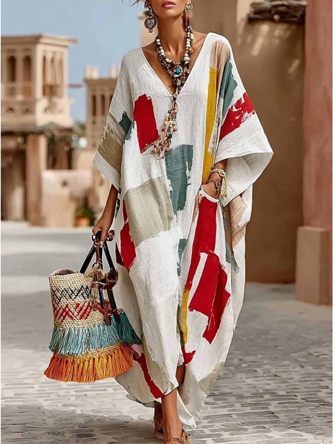 loose fitting boho dresses Bohemian Style Unique Printed Chiffon Loose-fitting Belted Maxi Dress, Brown / M main image 1