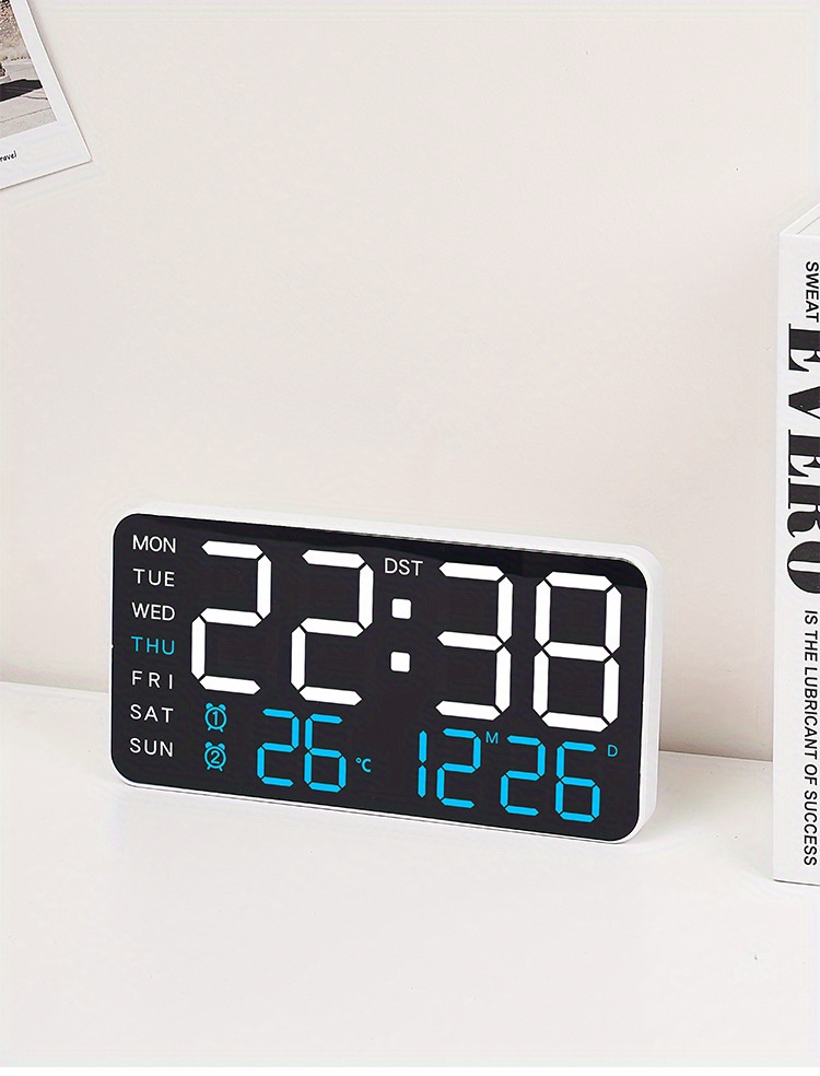 LED digital wall clock with temperature display, date and working day - dual alarm clock, 12/24-hour format, perpetual calendar, rectangular, battery powered (AAA) - perfect for bedroom decoration