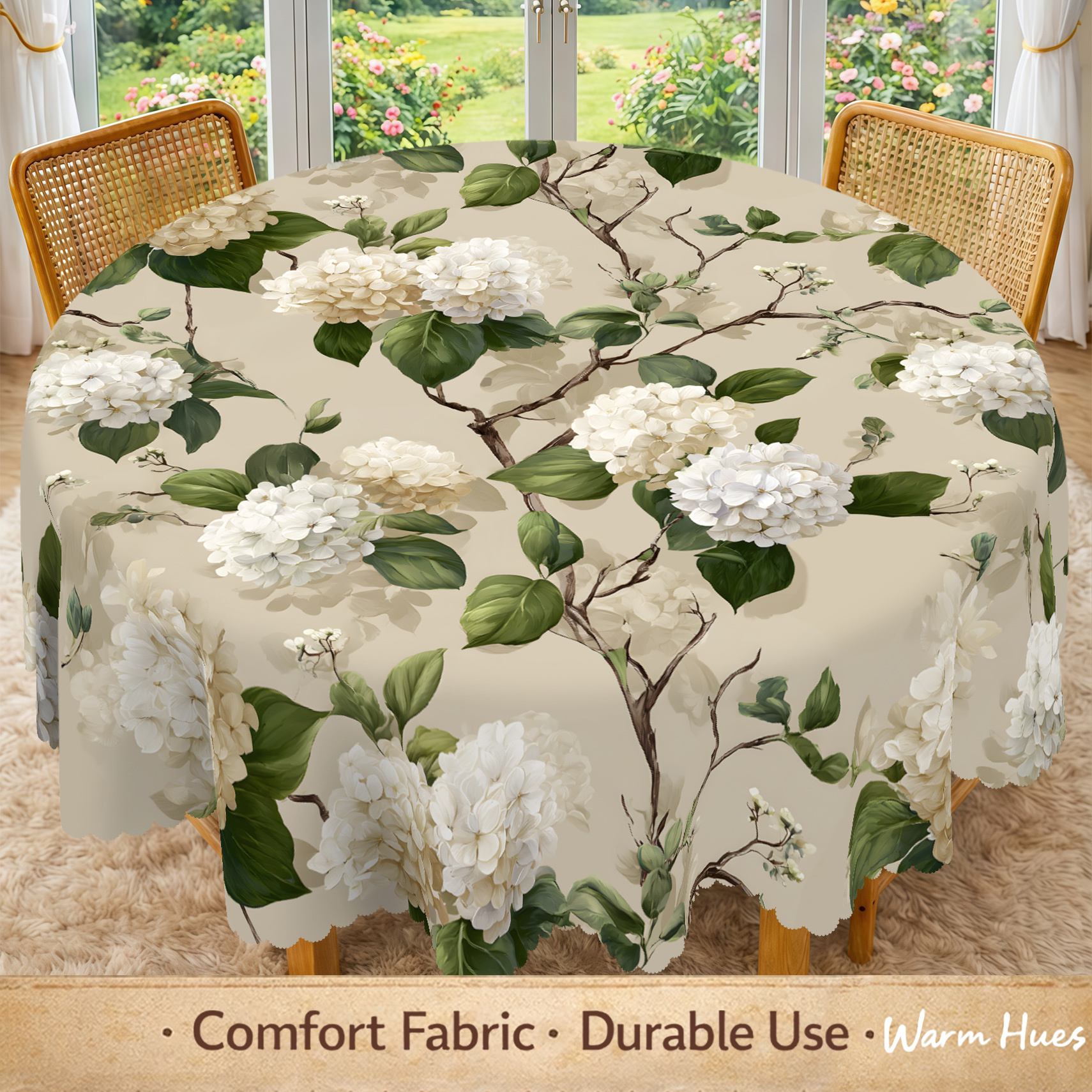 TEMU 1pc, Elegant Floral Tablecloth, Vintage Hydrangea Pattern With Branches And Green , Soft Neutral Beige Background, Classic Botanical Print