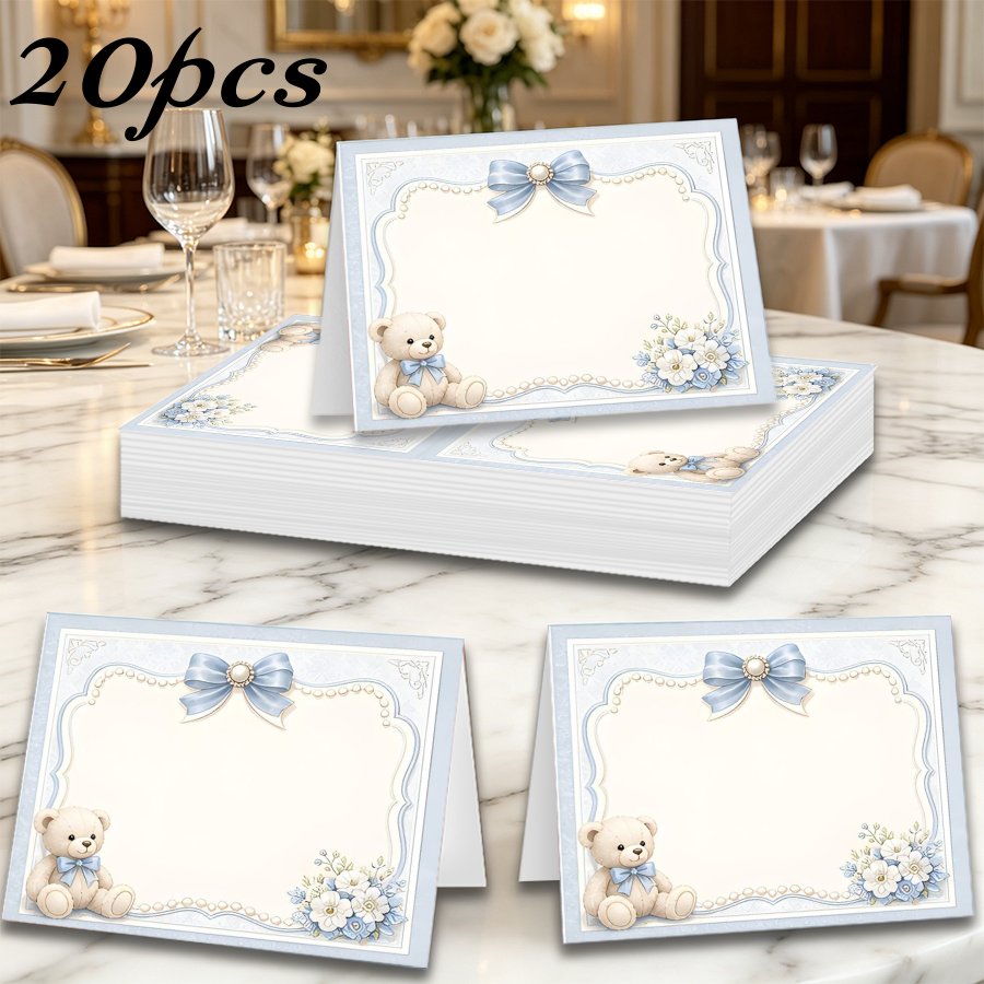 TEMU Cards | 20pcs 4.7 X 3.5 Inch Bear Themed Birthday Table Foldable Cards, Blank Banquet Name Cards, Tent Position Cards With Light Pearl Floral
