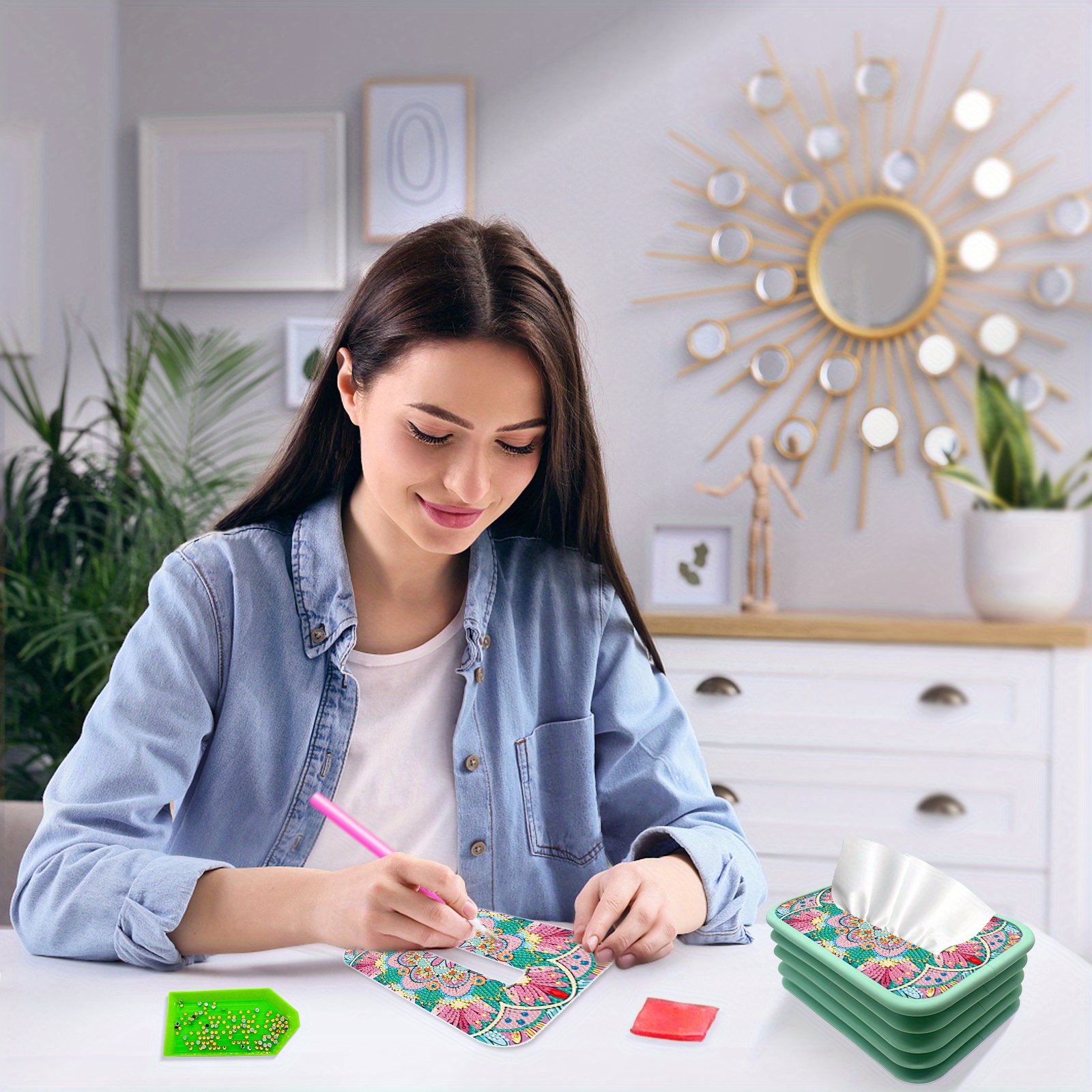 1pc handmade diamond painting tissue box holder floral diy craft with   mint green background decorative tissue organizer for living room housewarming wedding birthday gift   assembly tools   decor centerpiece mosaic effect decorative storage item Product details 1