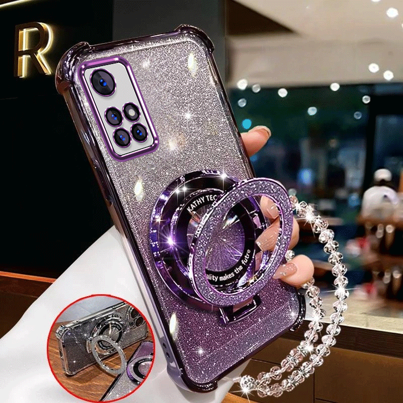 TEMU Funda para Teléfono: Funda para Redmi 10 con Esquinas Anticaída, Antigolpes, Plateado, Soporte Magnético con Pulsera, Brillante, Lujo, Cobertura