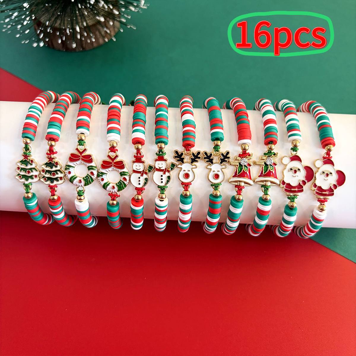 TEMU 8pcs/16pcs Red And Green Christmas Theme Pull-string Bracelet Set, Cute Cartoon Christmas Element Pendant Soft Clay Bracelet, Christmas Gift,