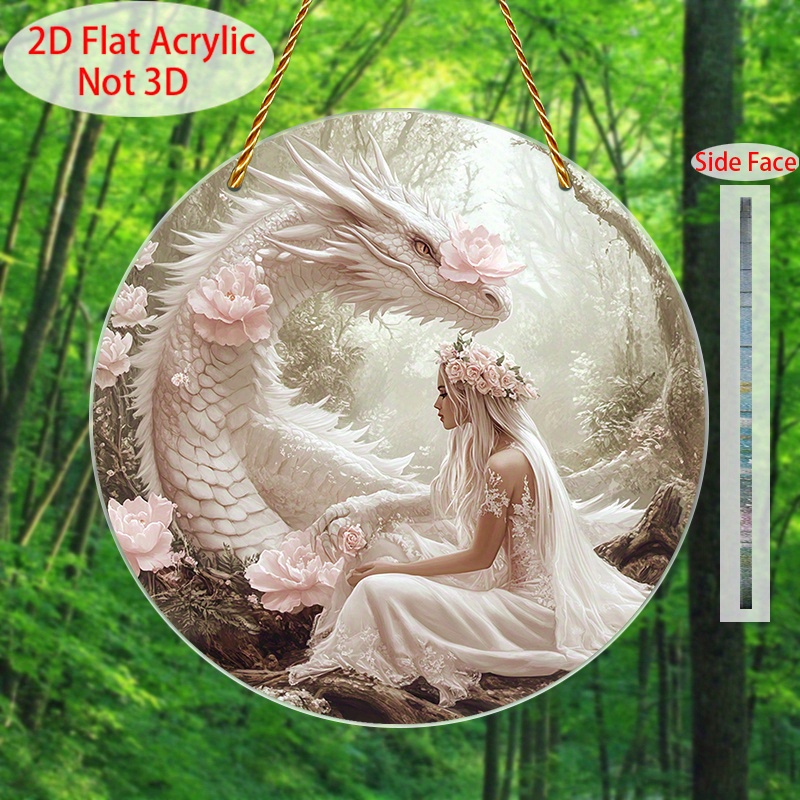 TEMU 2d Flat, 2d Flat Sun Catcher, Acrylic Colored Sun Catcher, Transparent Uv Hd Printed 2d Flat Acrylic Fairy And Dragon Round Sign, Sun Catcher,