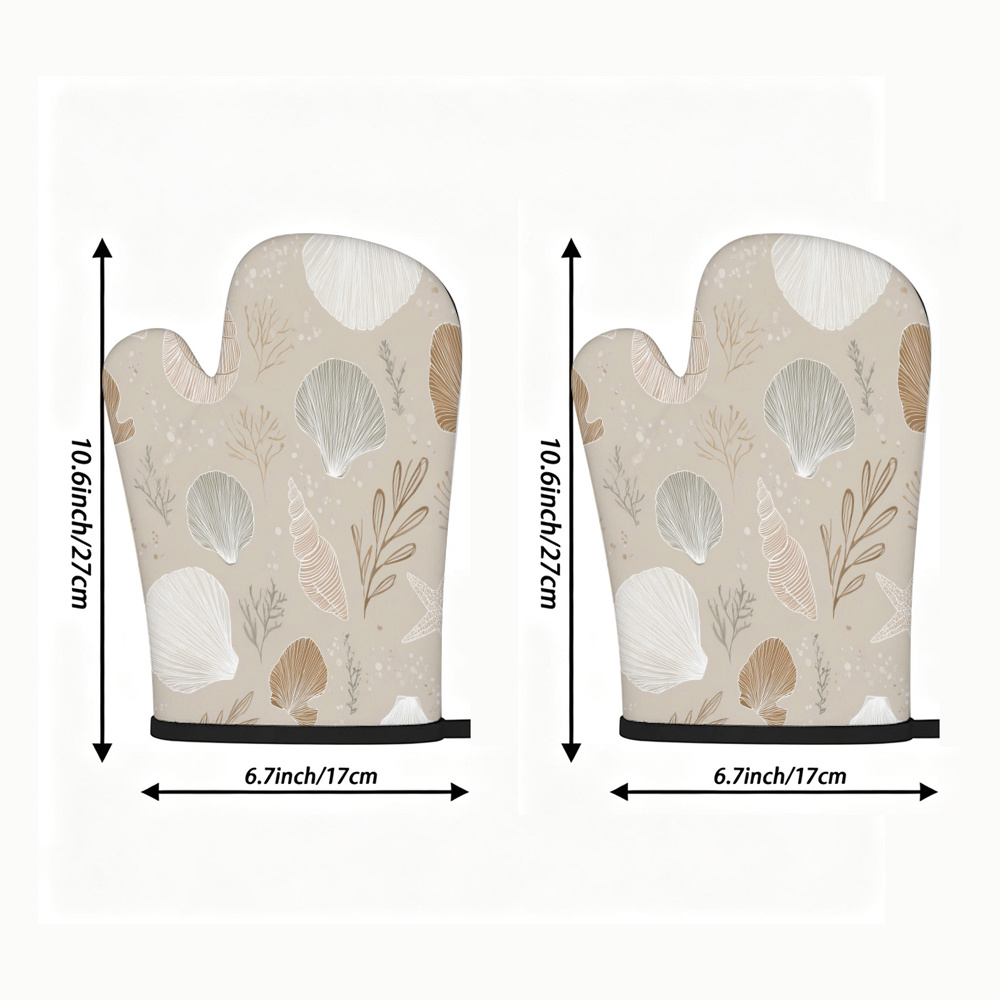 TEMU 1 Set Of 2pcs Kitchen Insulated Gloves, Neutral Tone Plant Leaf Shell Floral , Includes 5-finger Oven Mitts And Square Anti-scald Pads, Suitable
