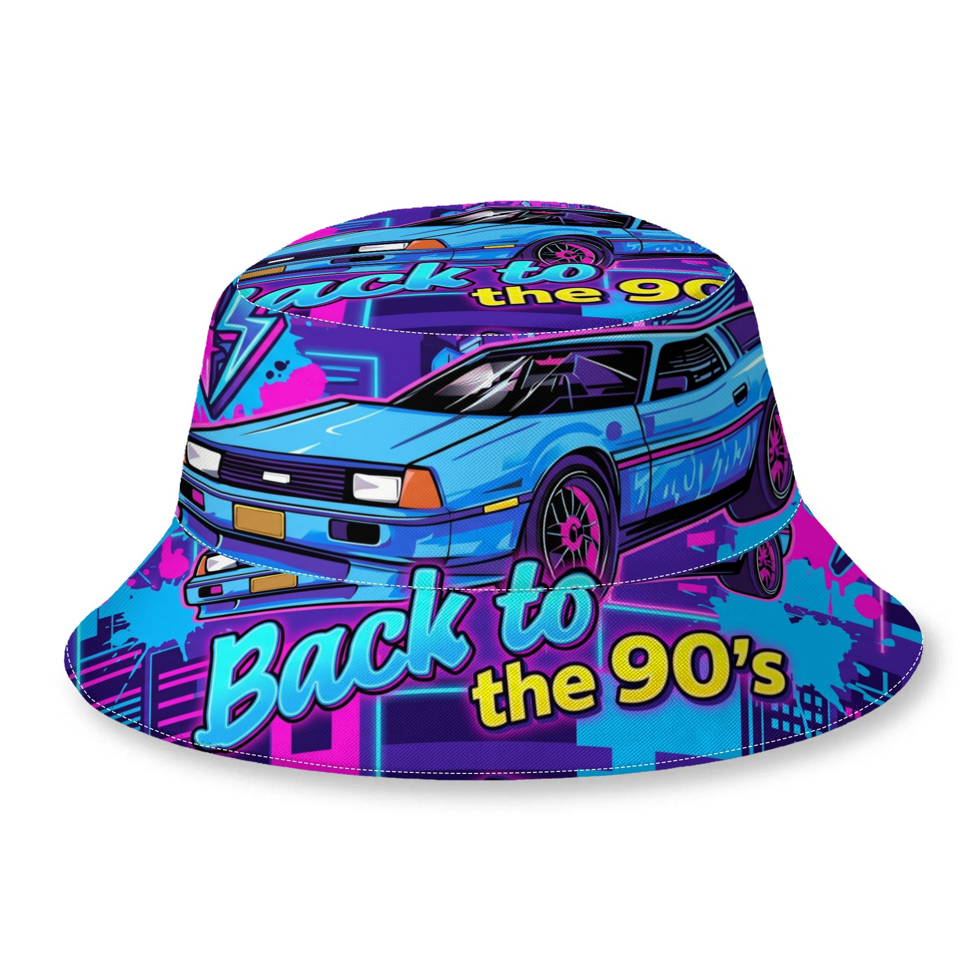 TEMU 1pc Synthwave 90s Bucket Hat - Unisex Sporty Car With Neon Retro, Suitable For , Beach, Driving, Themed Parties, Nostalgic 90s Style Accessory