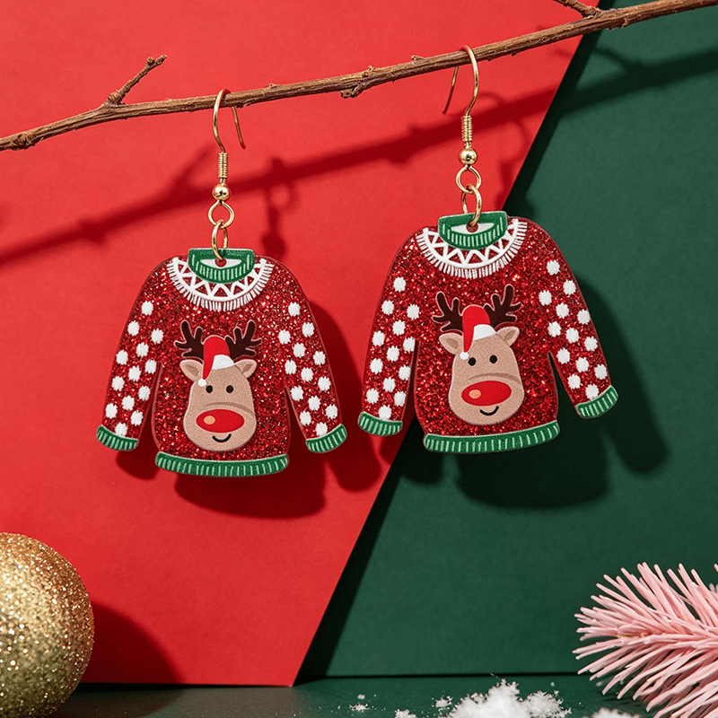 TEMU 1 Pair Christmas Creative Cartoon Red- Reindeer Earrings, Christmas Party Bling Bling Sequin Red Sweater Earrings, Women's Fashion Dangle