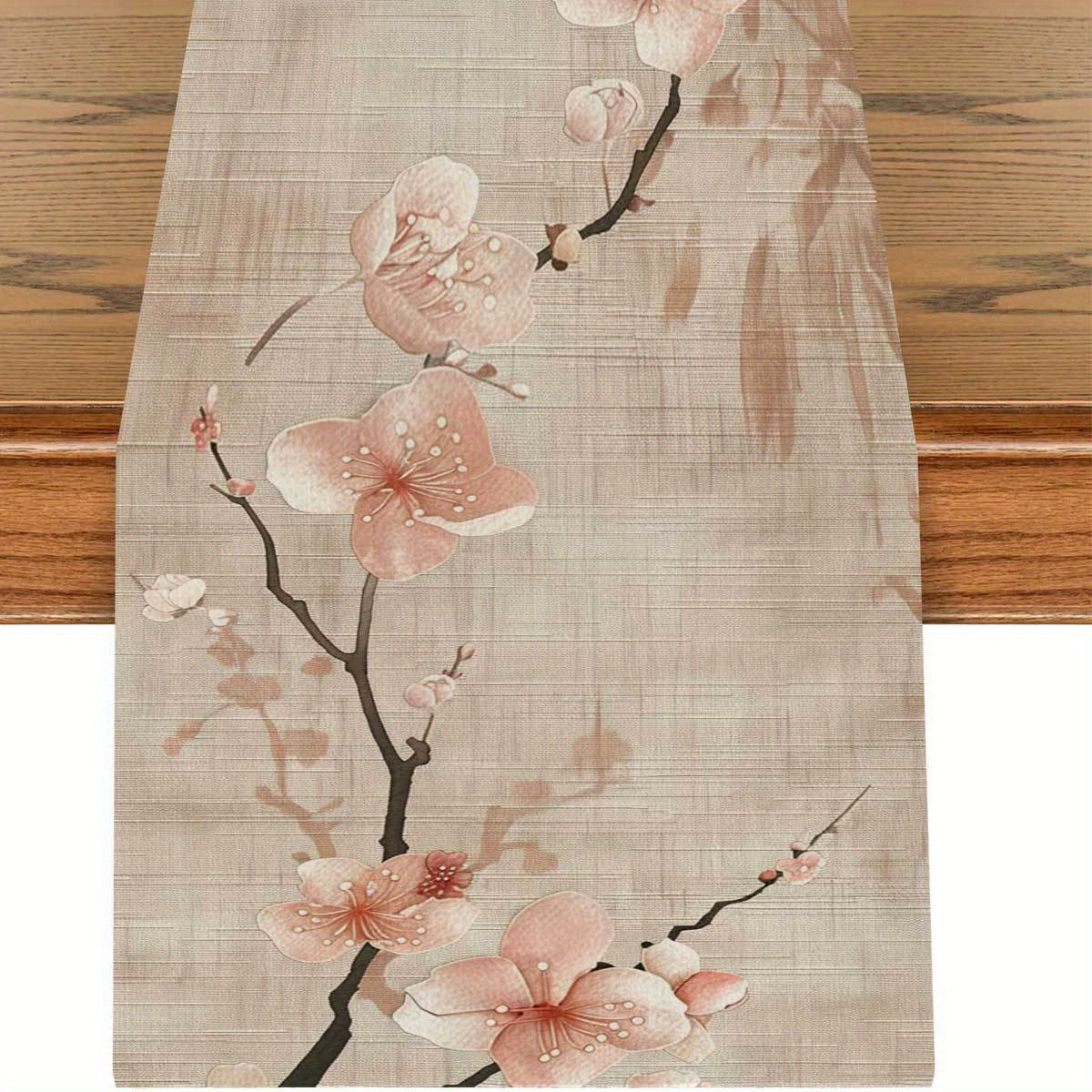 TEMU Light Beige Table Runner With Pink Floral Branch Pattern, 1pc, Polyester Table Runner, Printed Table Runner, Tabletop Decorative Table Runner,