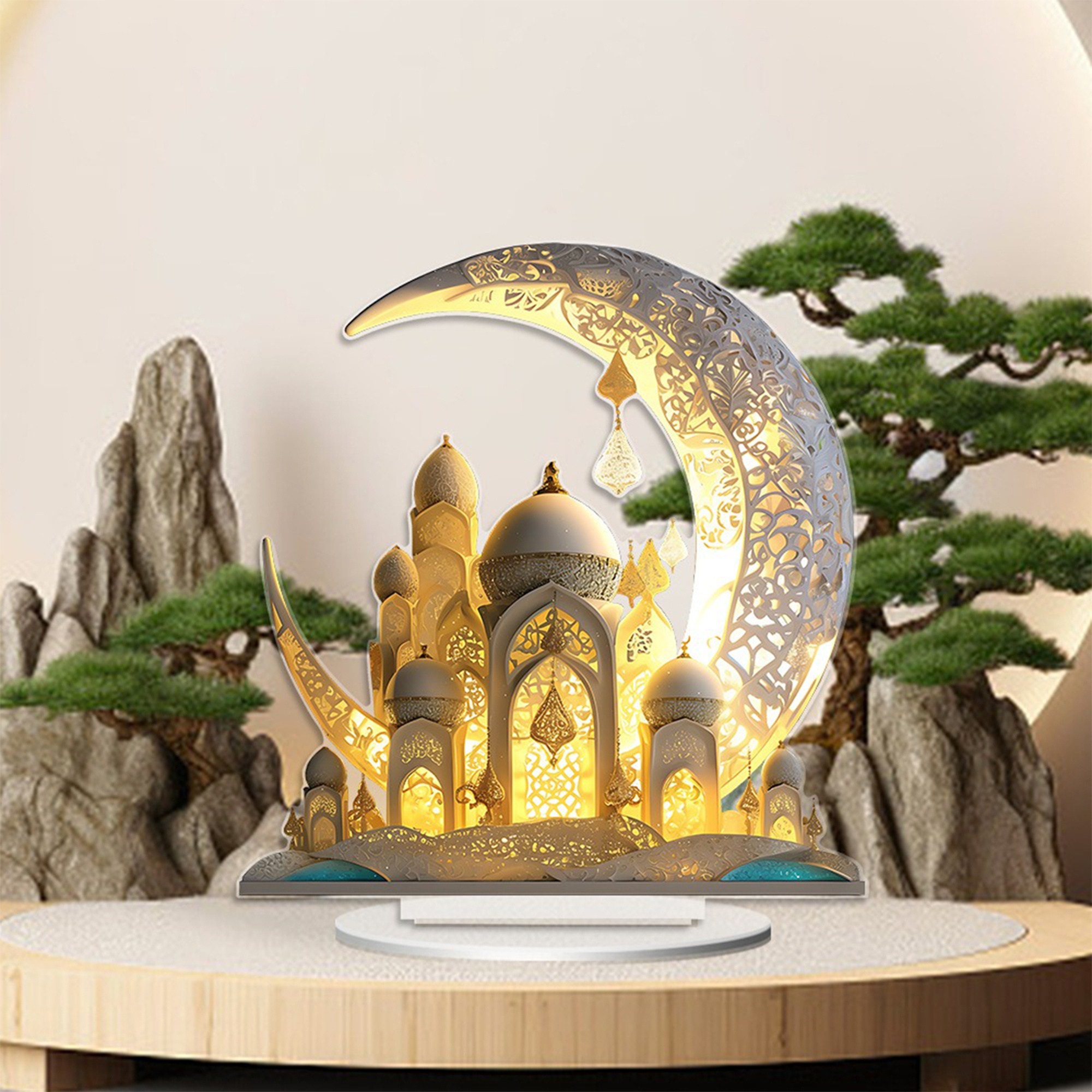 2D Flat, 2D Flat, 2D Flat - 2d Flat Moon Castle Ramadan Acrylic Desktop Ornament | Elegant Crescent and Islamic Architecture Design, Ideal for Home and Party Decoration, Non