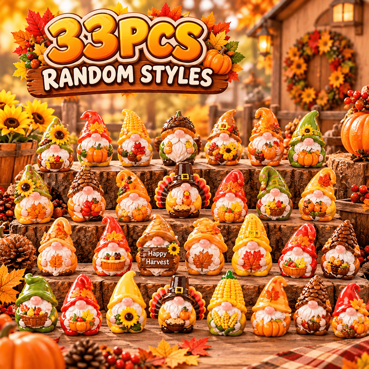 TEMU 33pcs Gnome Figurine Set With Pumpkins & Turkeys - Mini Resin Thanksgiving Decorations Suitable For Home, Tabletop, Shelf, Tiered Trays - Random