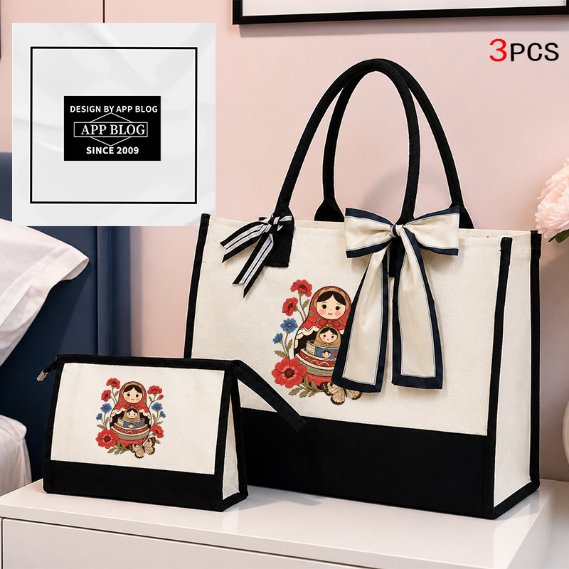 3pcs Nesting Dolls Suitable For Large Tote With Scarf & Handheld Makeup Bag - Dolls Pattern Travel Beach Bag, Gift Handbag, Carrier For Shopping, Daily Use (hand Washable)