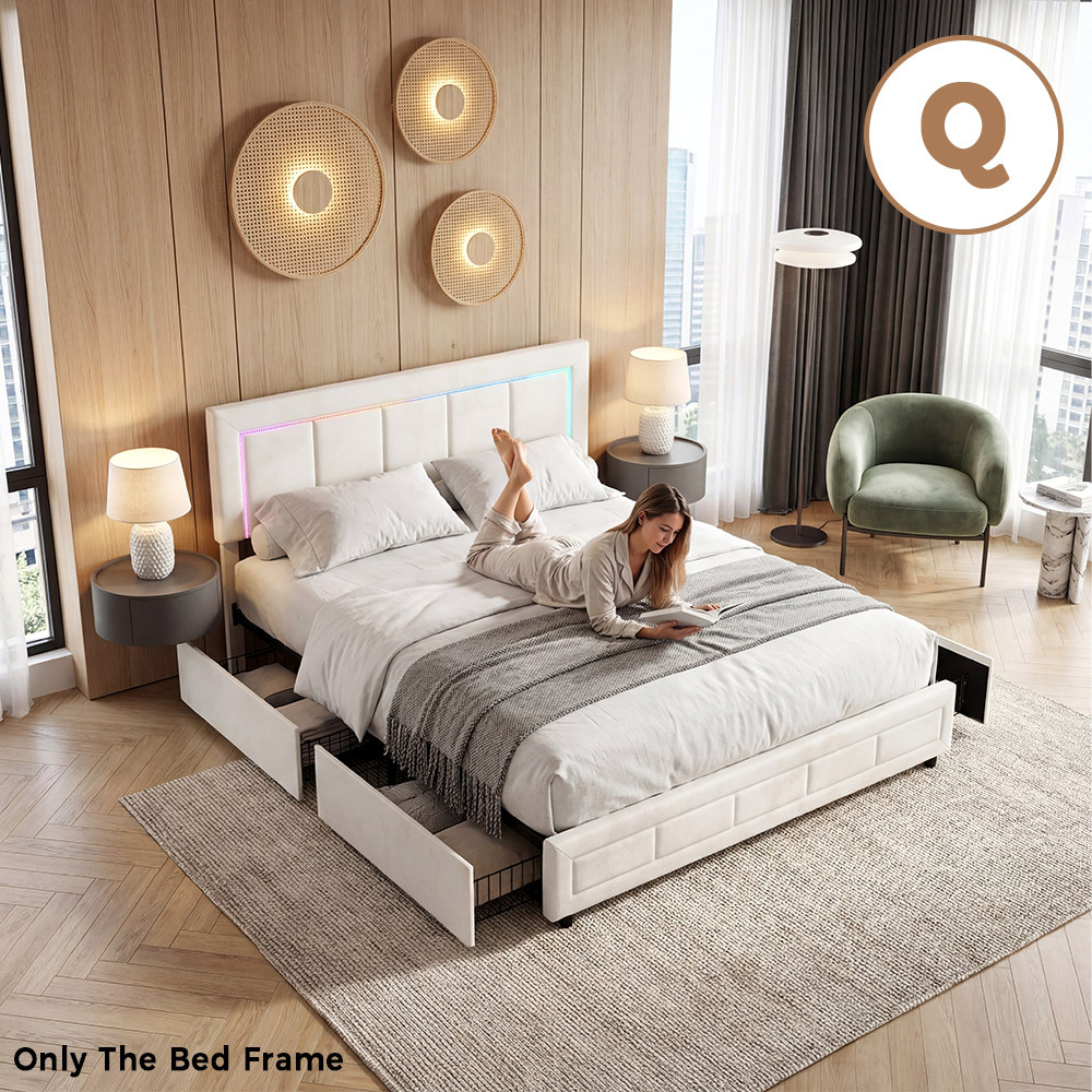 TEMU Queen-sized Bed Frame With 4 Drawers And An Adjustable Headboard In Beige, Black, And Grey