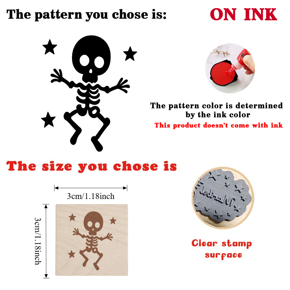 TEMU 1pc Fashion Natural Wooden Rubber Stamp, Cartoon Little Skeleton With Star Pattern, Holiday Gift, Carved Solid Wood Stamp, For Decorating