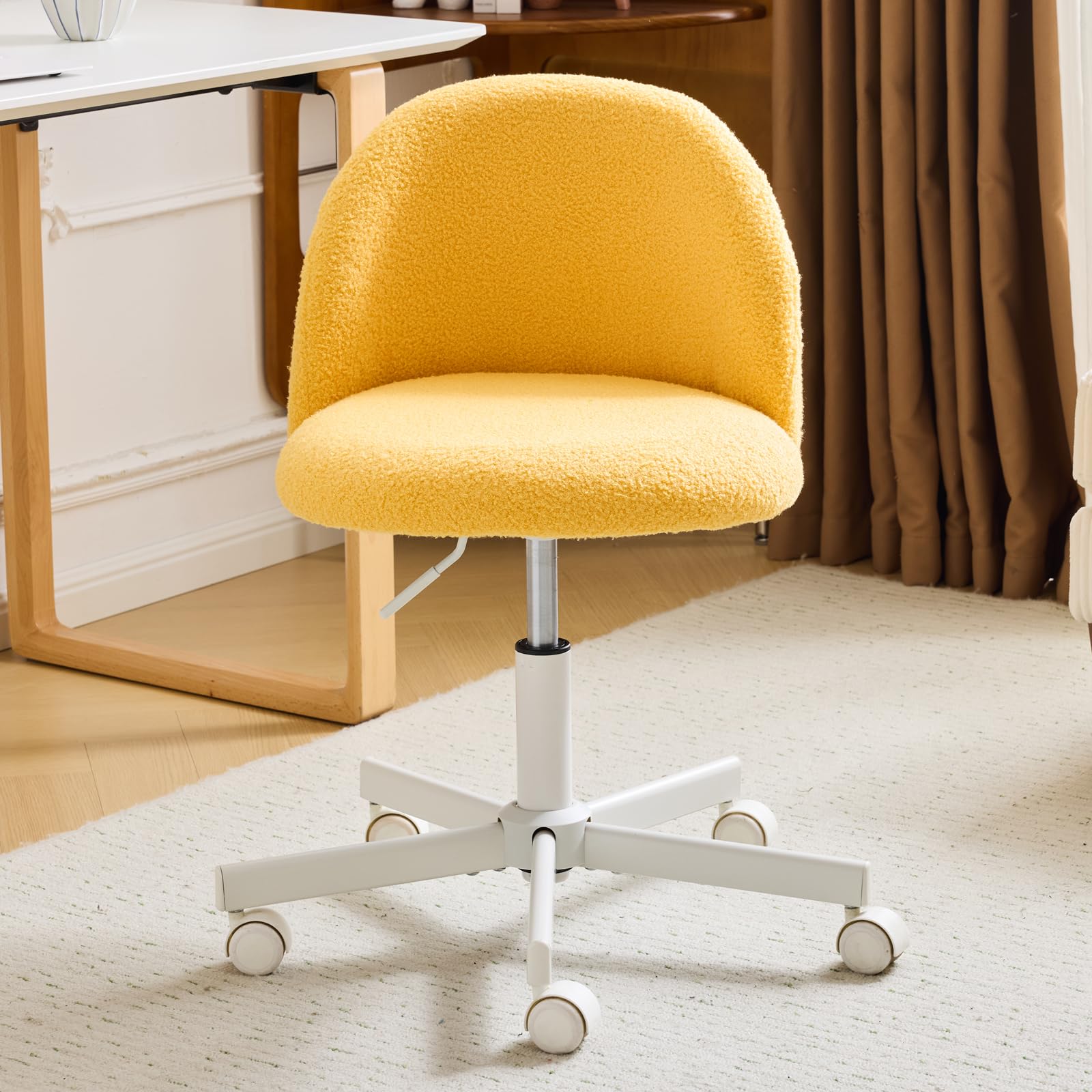 Bonnlo Office Chair With Wheels, Height Adjustable Vanity & Desk Chair Made Of Teddy Fabric, Suitable For Study, Bedroom And Home Office, Color: Yellow