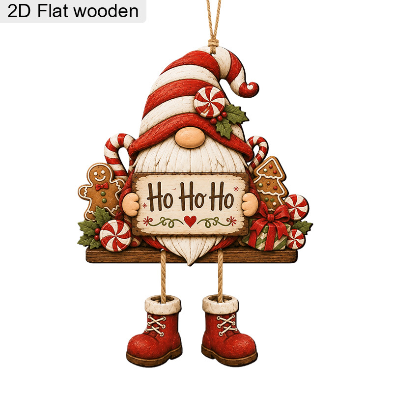 TEMU Ensemble d'ornements suspendus en bois 2D plats bidimensionnels de gnomes de Noël " Ho", comprenant un gnome à chapeau rayé et un pain d'épices