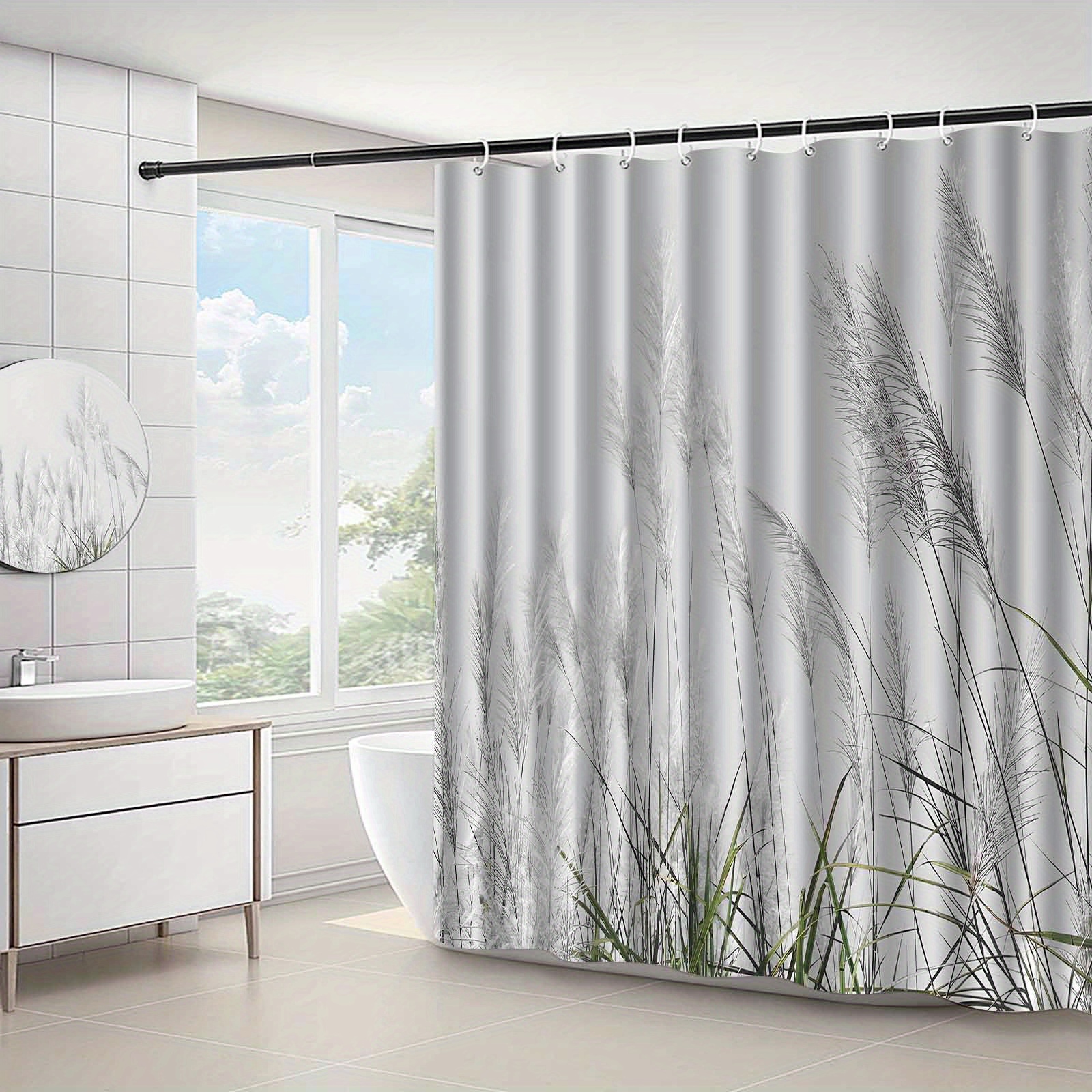 TEMU Jit1pcs Modern Minimalist Reed Plant Pattern Shower Curtain, High-end Elegant Bathroom Curtain Shower Curtain, Shower Curtain Home Decoration