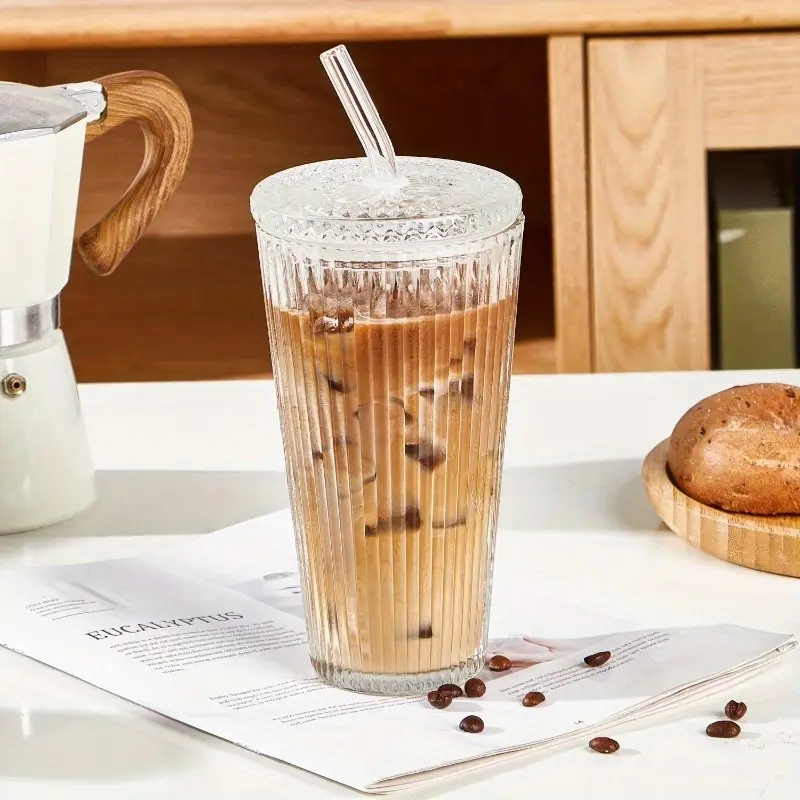 2pcs ribbed 21oz glass tumblers with lids straws clear reusable hand wash only iced beverages beverage serving ribbed glassware durable glass Product details 3