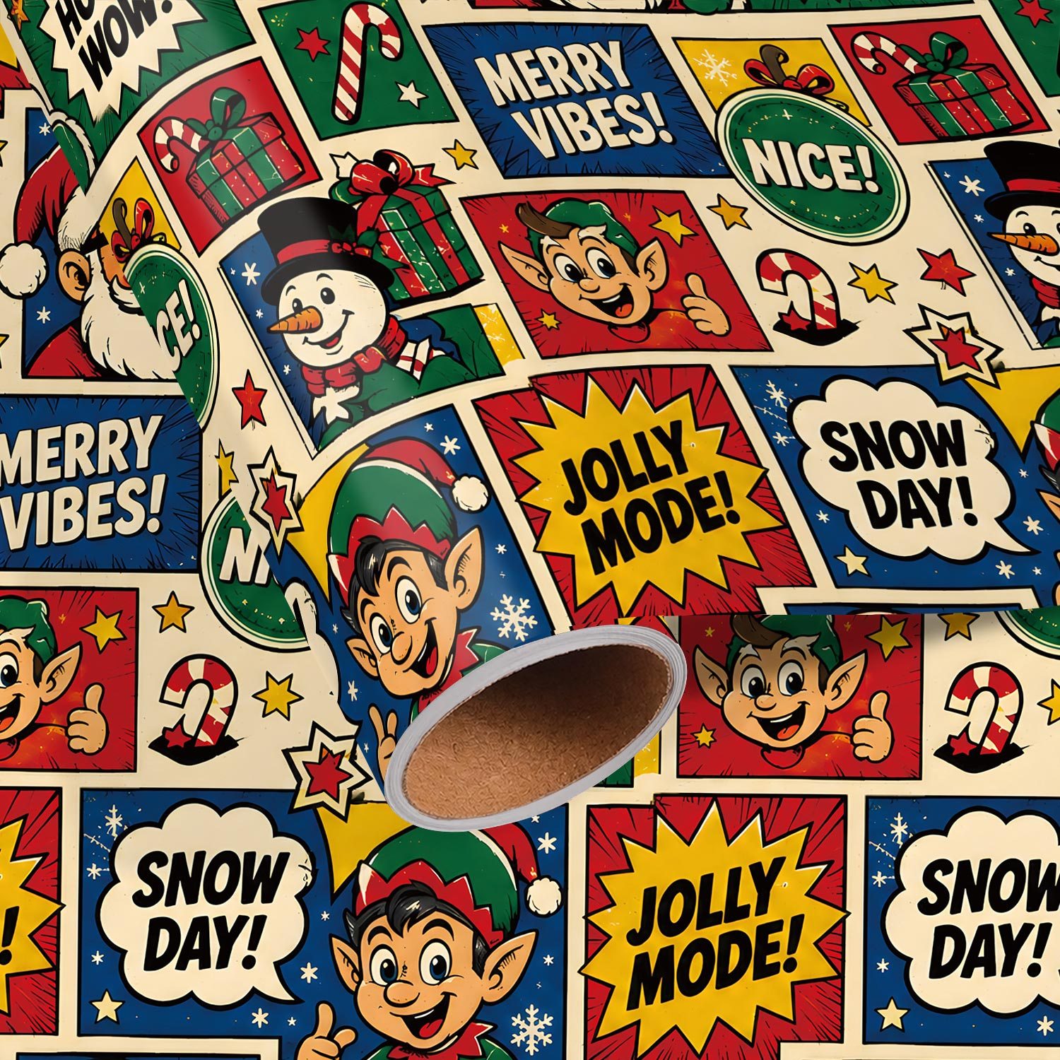 TEMU Roll Of Comic Santa Christmas Wrapping Paper Suitable For Xmas Gifts, Birthday Party Decorations - Single-sided With Cartoon Santa Claus, Elf,