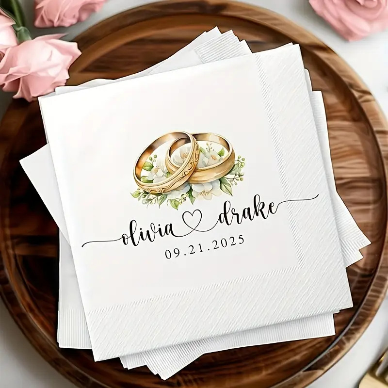 TEMU Articles de fête de mariage personnalisés, comprenant des bagues romantiques et des serviettes avec et dates ; parfaits pour les réceptions, les