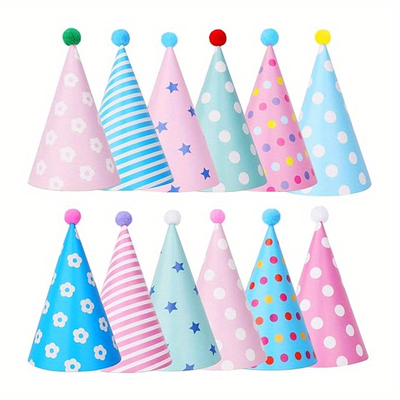 12 Stück Geburtstagsparty Kegelhüte, Pompon Partyhut Set, 6 Stück in Pink Serie und 6 Stück in Blau Serie, für…: retailer-supplied image