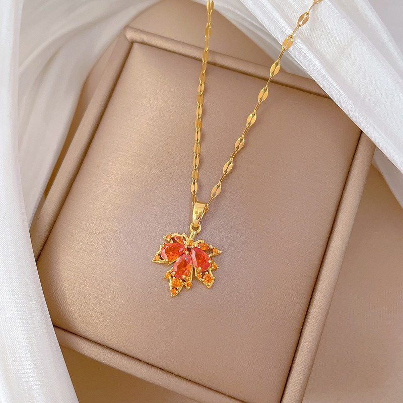 Image of Stainless Steel Gold-plated Maple Leaf Pendant Necklace Trendy Adjustable Chain Jewelry For Women Wedding Party Gift