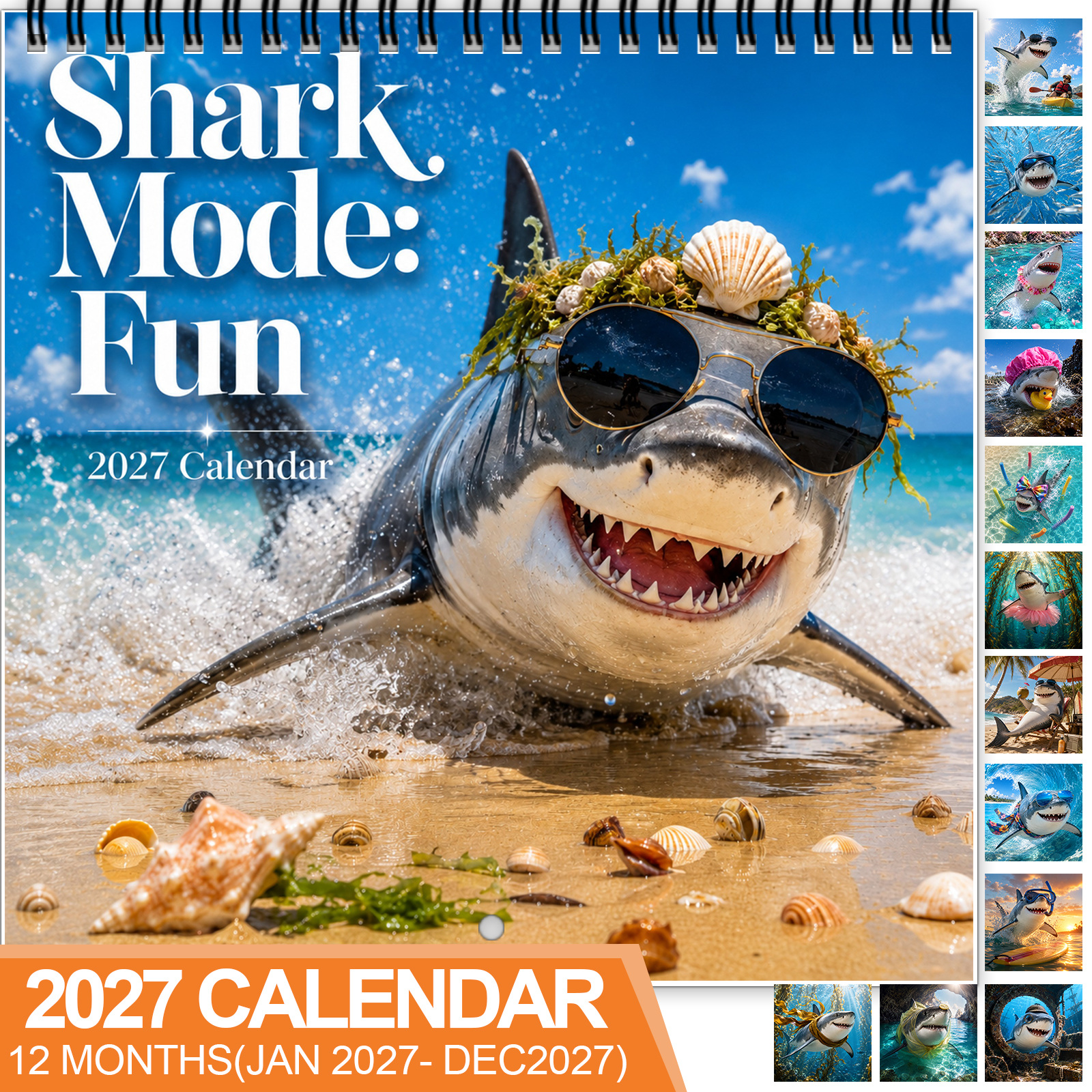 TEMU 1pc 2027 Mode: Calendar, Spiral-bound 12-month Monthly Planner With Thick Glossy Paper, Displays Sharks In Vibrant, Humorous And Entertaining
