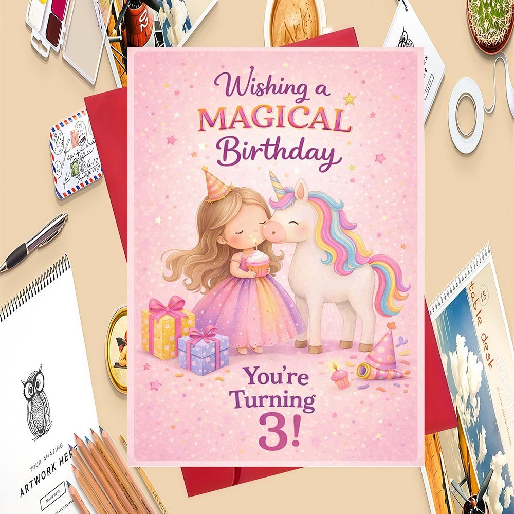TEMU 1pc Greeting Card With Envelope, Designed For Celebrating A Little 3rd Birthday, Featuring A Girl In Princess Dress, A Magical, And Gifts For A