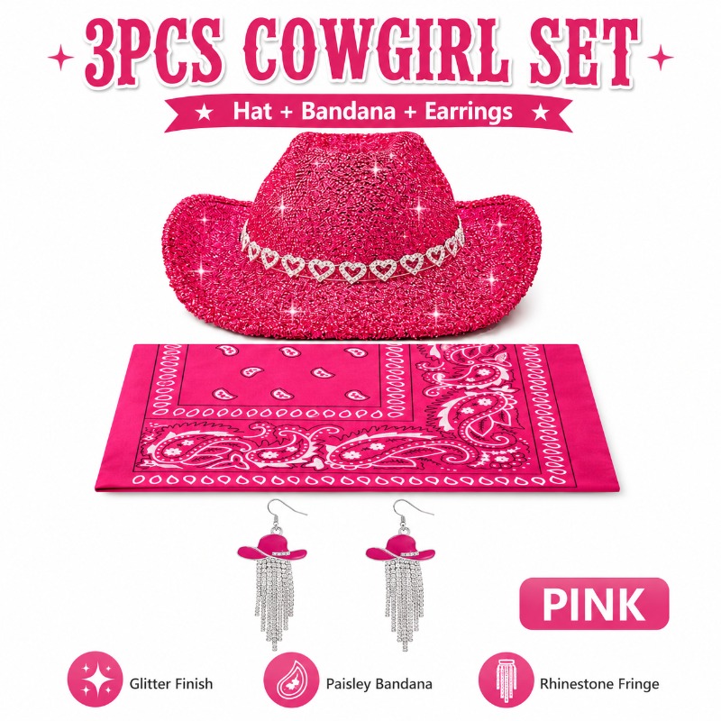 TEMU 3pcs Women' Western Cowgirl Accessory Set (includes Glittery Cowboy Hat, , And Tassel Earrings) - Suitable For Western-themed Parties, , And