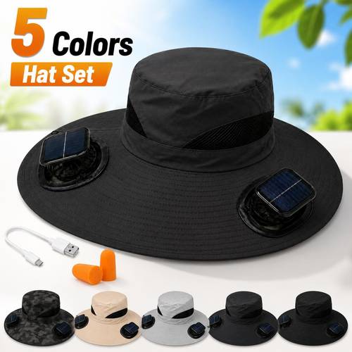 outdoor solar powered fan hat with dual fan setup and wide brim rechargeable via usb for long lasting ideal for camping hiking and fishing