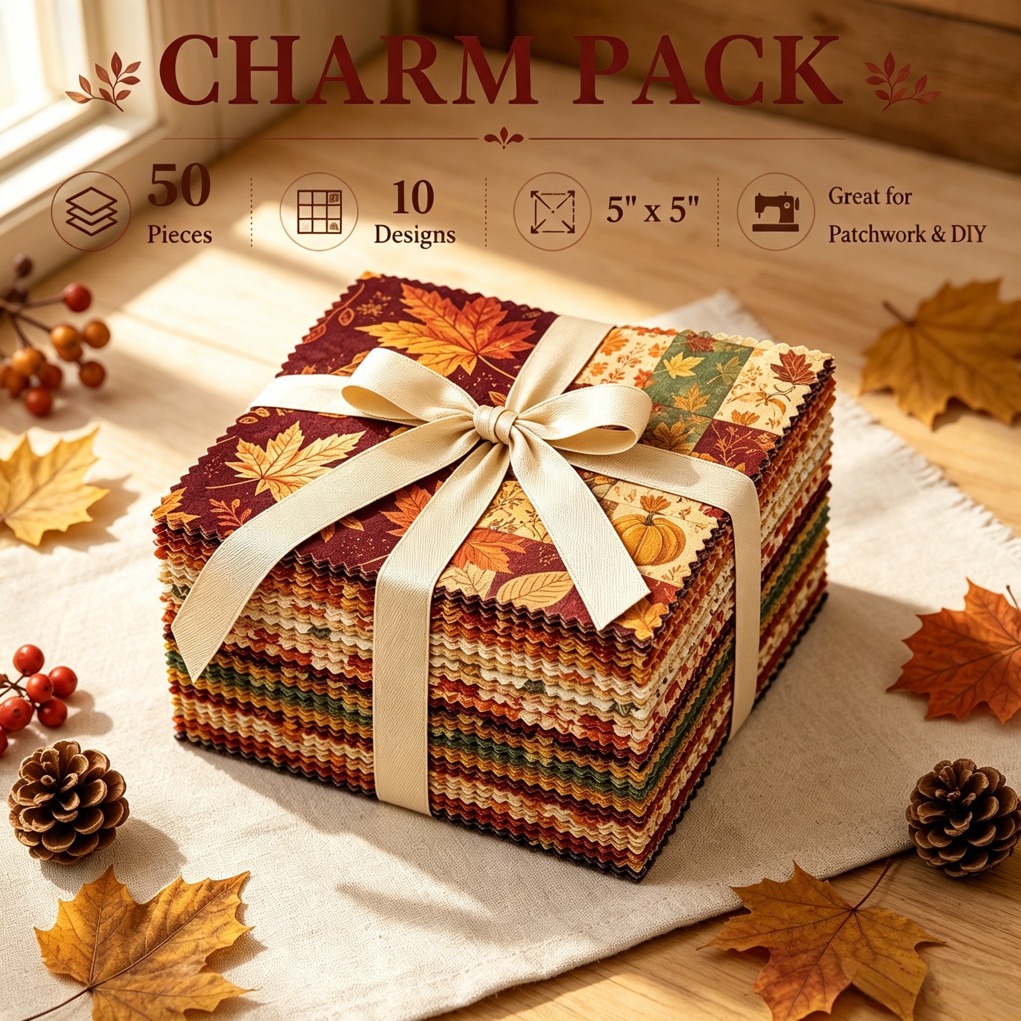 TEMU 50 pièces 5"X5" Automne Chute Feuille d'érable Citrouille Tissu Prédécoupé Carrés Pack de Breloques, 10 Impression de la Récolte pour Quilting