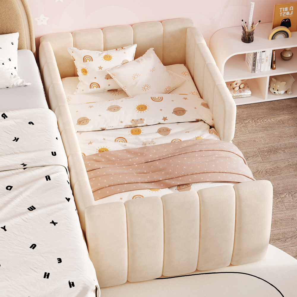 Upholstered Floor Daybed with Removable Guardrails, Compatible with Standard US Mattresses, Safety Bed with High Headboard And Footboard, Beige