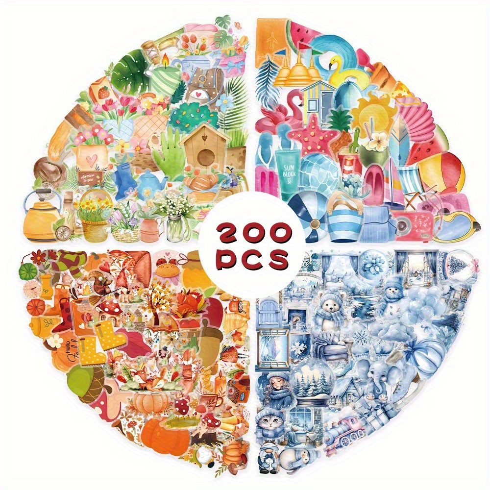 200pcs Seasonal Spring Summer Autumn Winter Series Stickers, Suitable For Scrapbooks, Journals, Laptops, Water Bottles, Cars Etc. With Faith-based Designs, Positive Message Gifts