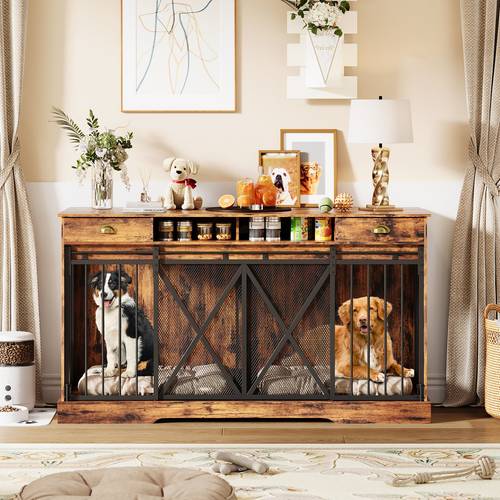 for large Dog Crate Furniture for 63 Inch Cage with Removable Divider And Sliding Doors Heavy Duty Indoor Pet Kennel with 2 Drawers And 2 Open Shelves for Large Medium Dogs Brown for Living Room Home Office Bedroom