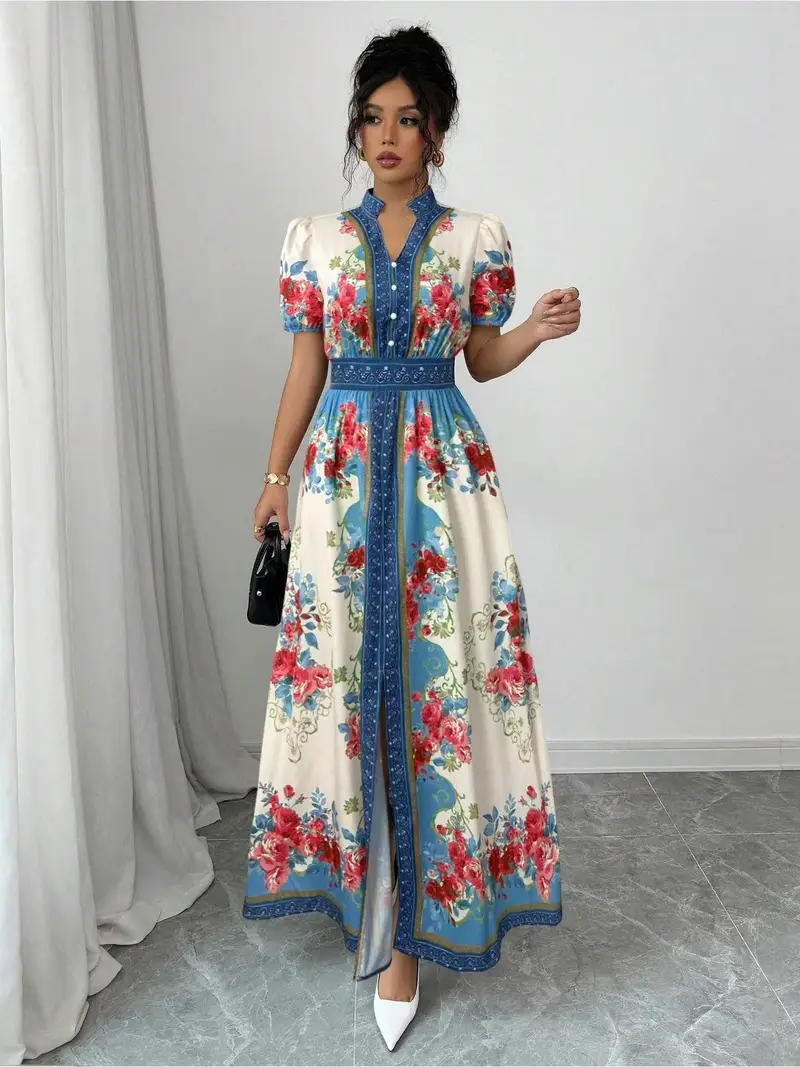 womens floral a line dress flared hem party formal dress with elegant floral print in blue red white machine washable for weddings garden parties everyday outfits non stretch fabric wedding guest attire short sleeve design Product details 4