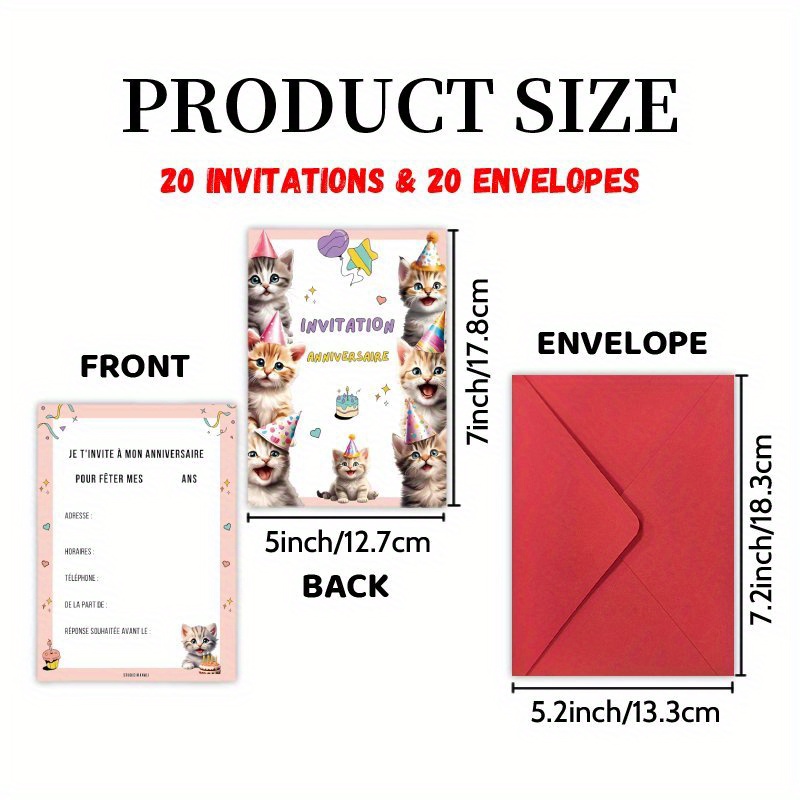 TEMU Invitations Lettre 20 Cartes et 20 Enveloppes, Chats Mignons Fête Française - Carte d'Anniversaire Parfaite pour Amis de Classe Réunions &