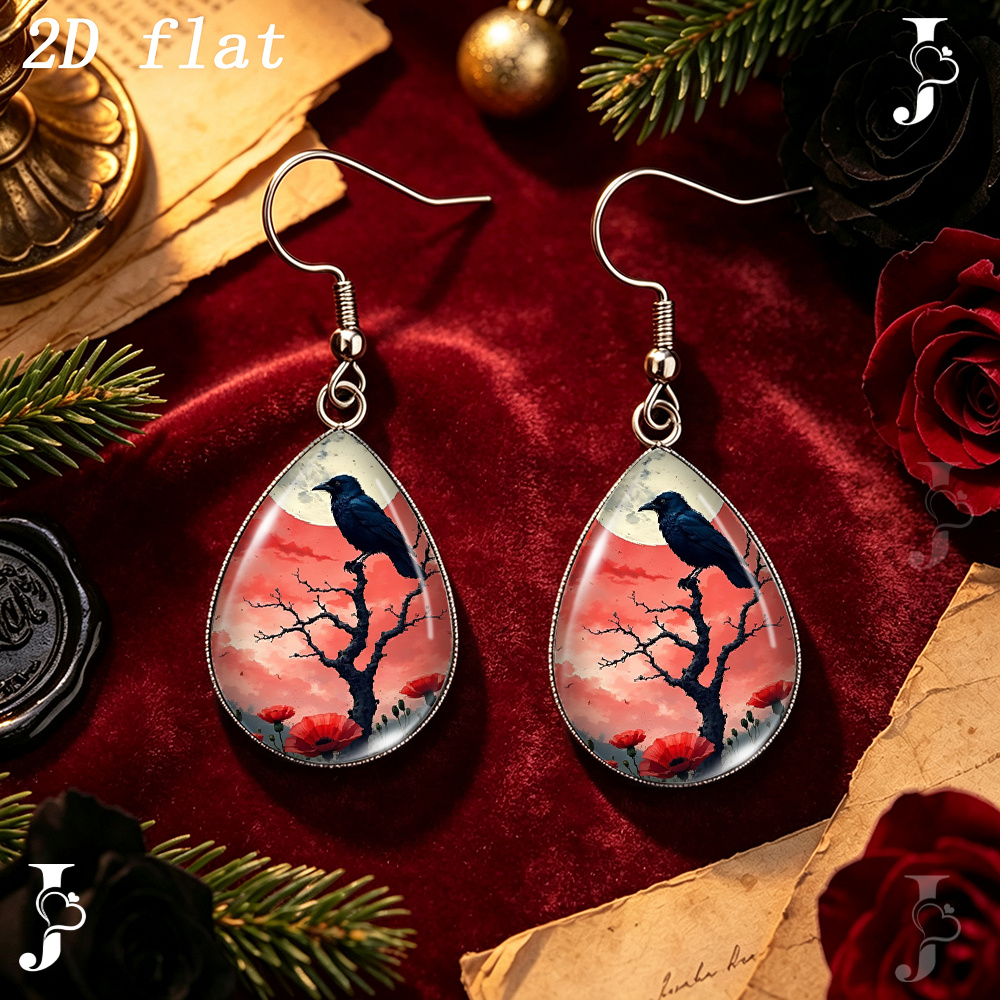 Teardrop Dangle Earrings with Crow Dead Tree Red Poppy Pattern