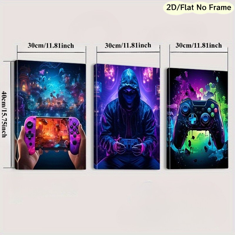 TEMU 2d Flat, 2d/flat Frameless, 3pcs Set, Neon Headphones And Game Controller Canvas Wall Art, Suitable For Bedroom, Living Room, Or Gaming Area