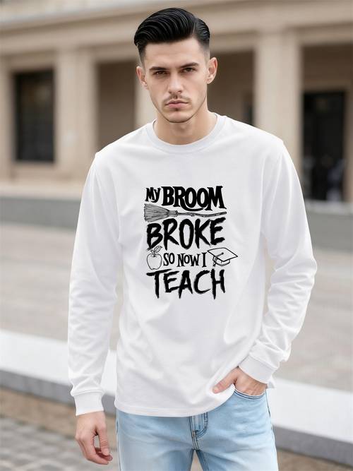 mens funny my broom broke so now t shirt relaxed fit casual long sleeve round neck tee with white print shirt for plumbers diy enthusiasts