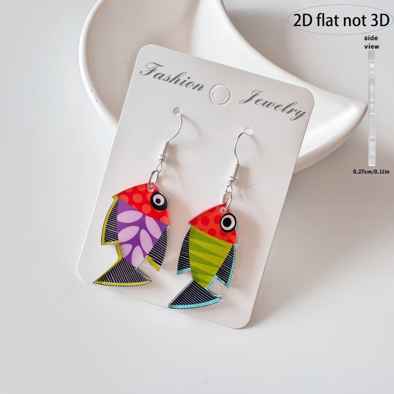 TEMU 2d Flat Asymmetrical Artistic Splicing Style Fish Shaped Acrylic Earrings Cute And Colorful Patterns, Ideal For Daily Wear Or, Vintage And Cartoon Style