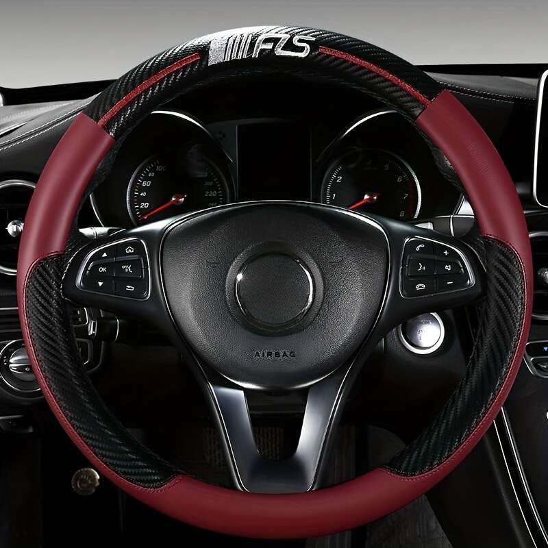 TEMU Red Fiber Steering Wheel Cover, .83cm-38.1cm, Breathable Pu Leather With , Car