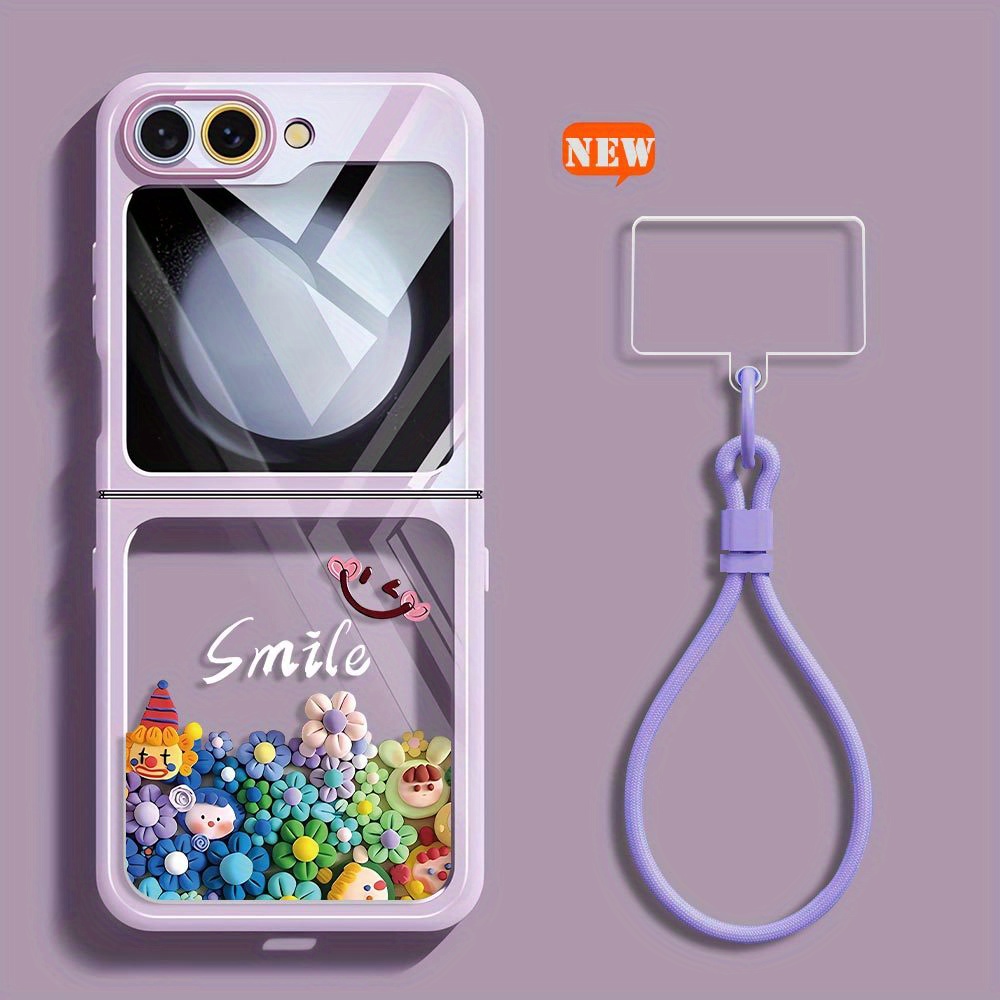 TEMU Coque de téléphone - Coque de téléphone à écran pliant pour Samsung Galaxy Z Flip 6 Galaxy Z Flip 5 avec cordon de poignet pour filles, dessin