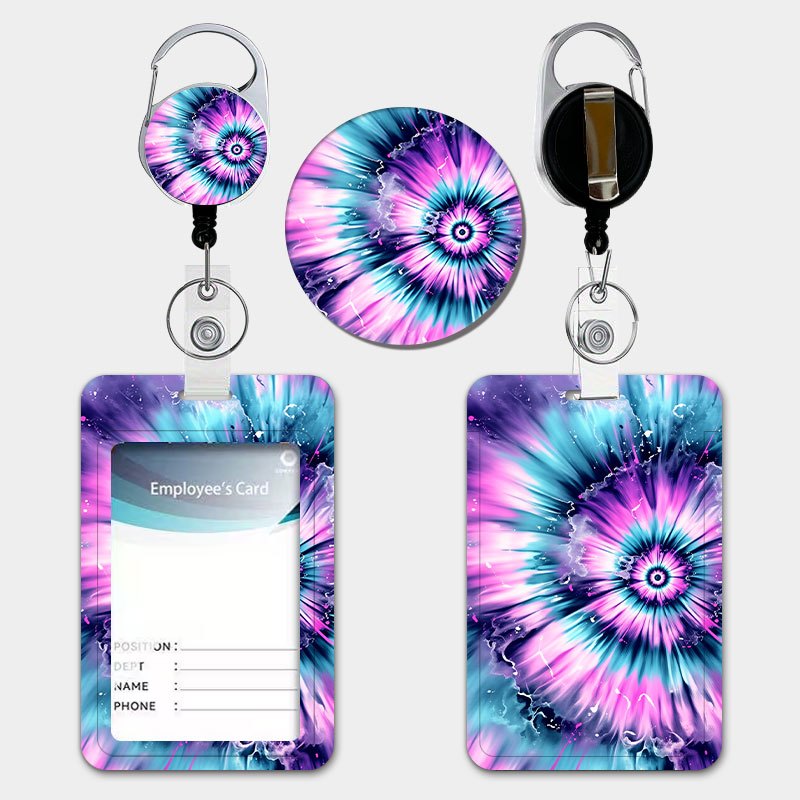 TEMU Vibrant Tie-dye Pattern Holder Set, Featuring A Pull-tab Retractable Lanyard And Keychain. Durable Plastic Card Holder Suitable For Storing Id