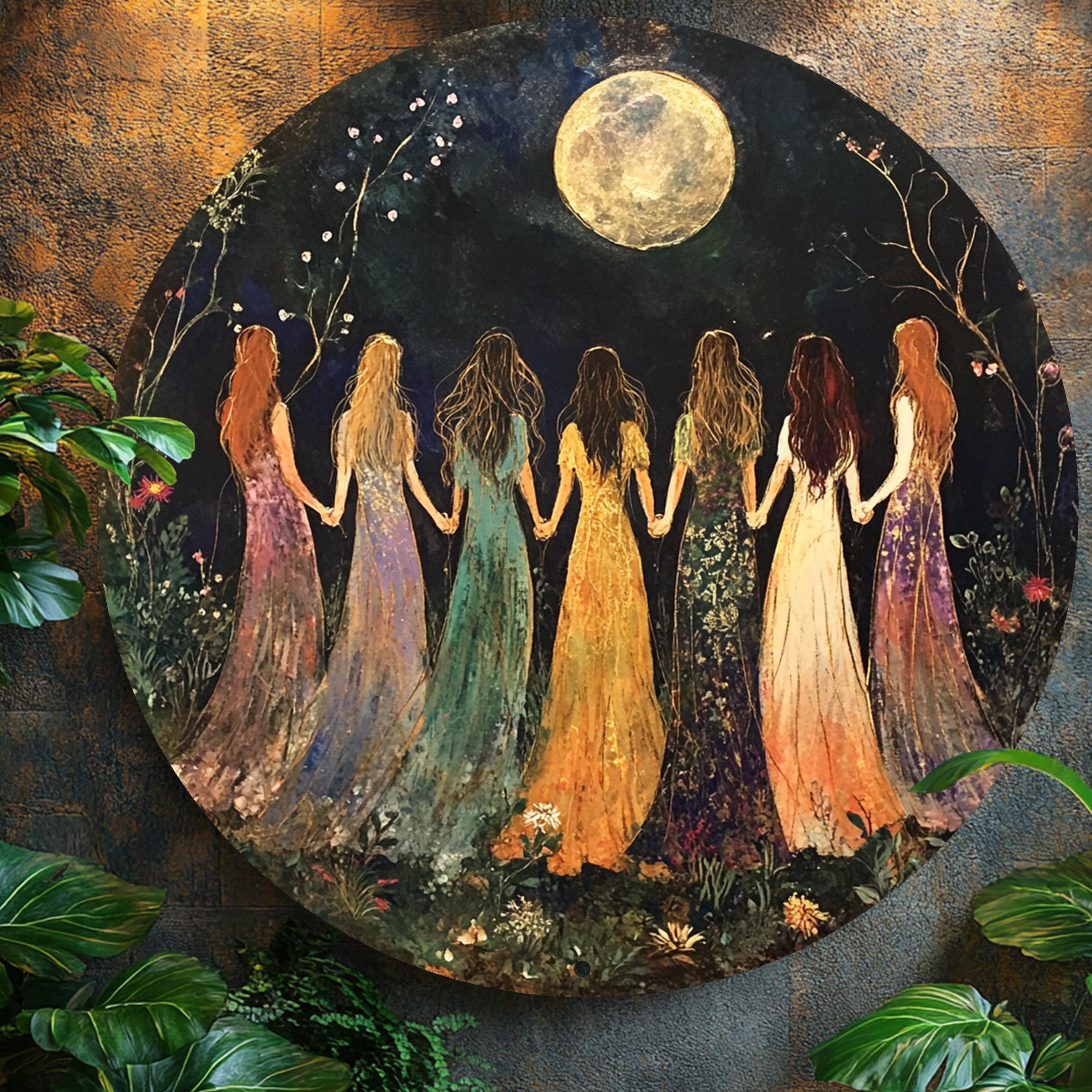 TEMU 1pc Mystical Sisters 7.87x7.87" Aluminum Wall Art - Vintage-style Theme With Floral And Moon, Ideal For Home, Office, Bar, Kitchen, Decor Or As A Unique Gift, Moon Decor