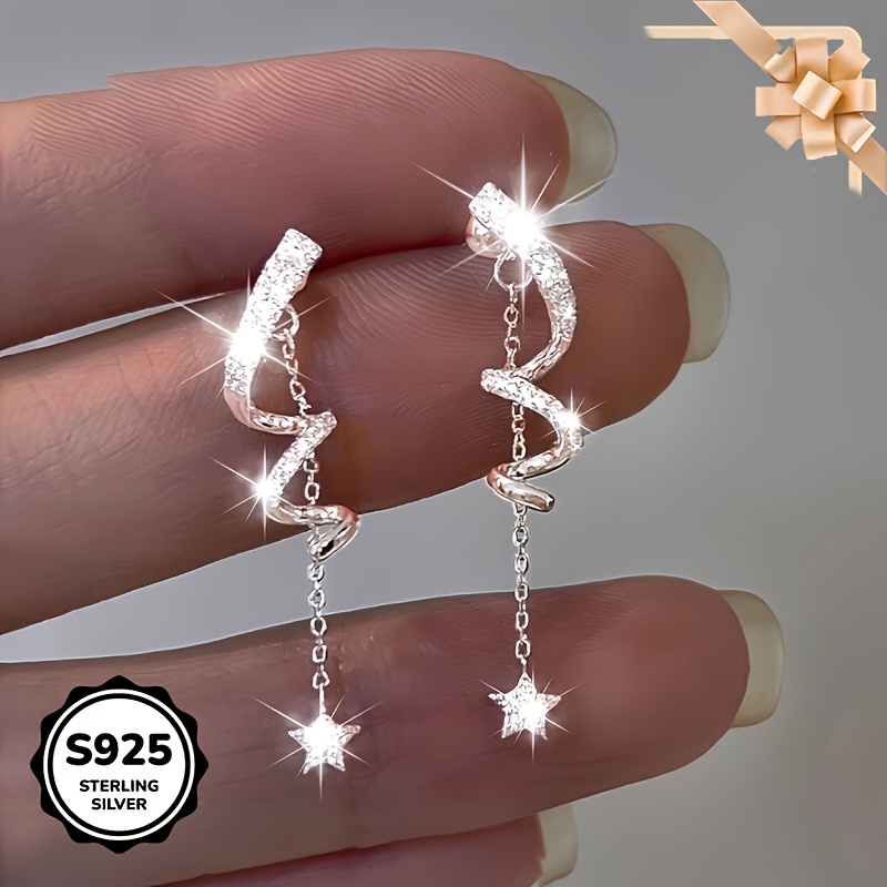 1 pair s925 sterling silver tassel drop earrings with sparkling cubic zirconia hypoallergenic   daily wear and parties ideal for gift   elegant and vintage style Product details 0