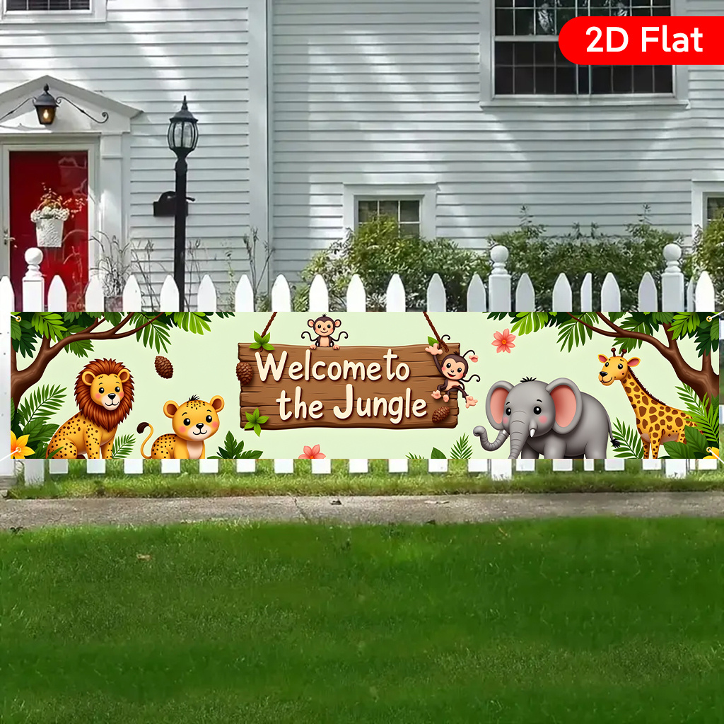 TEMU 2D Flat, 2D Flat - 2D Flat, 2D Flat - 2D Flat Banner ., Willkommen im Dschungel 2, Schönes Musterdesign Großes Hofbanner, Geburtstagsfeier