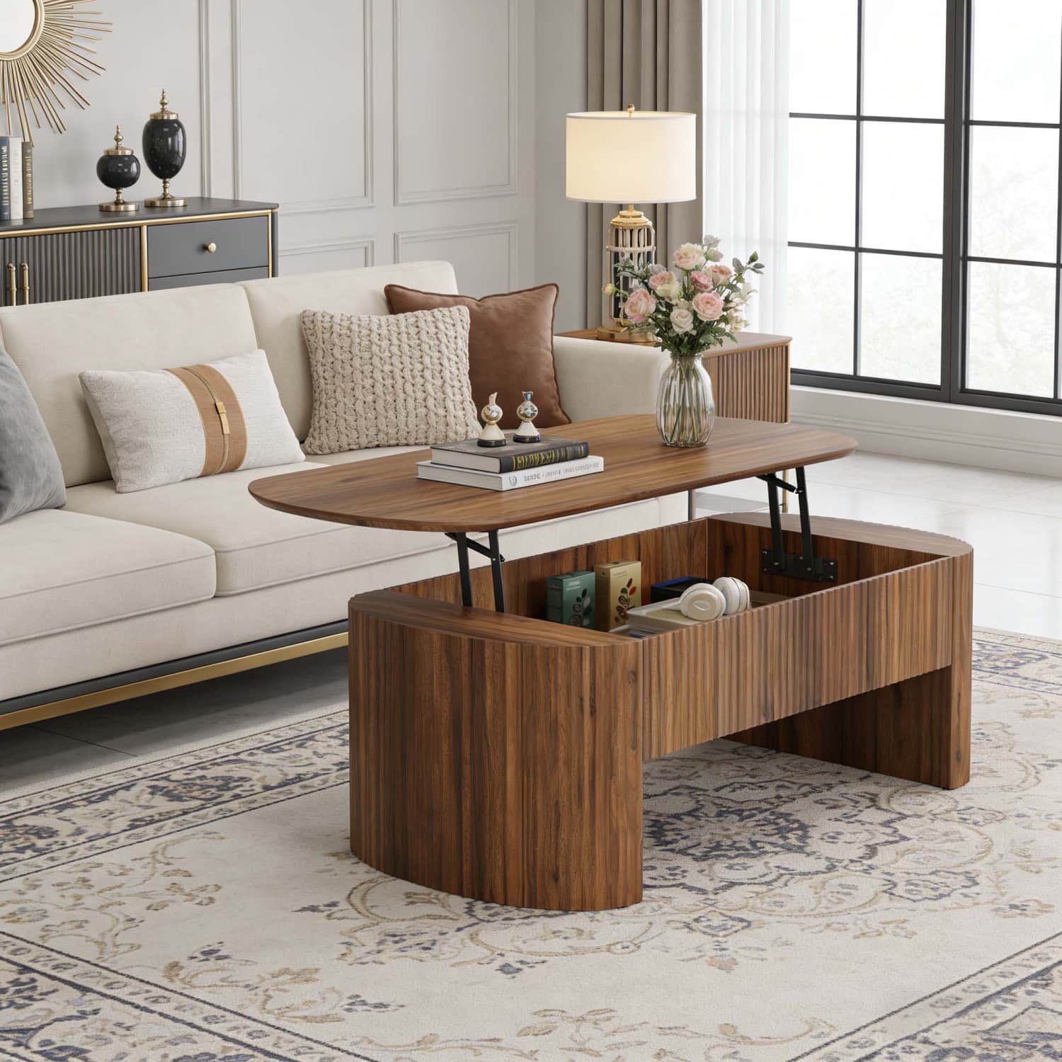 TEMU Table basse ovale de 47 pouces avec plateau , dotée d'un espace de rangement dissimulé et d'une hauteur surélevée de 24 pouces, conçue dans un