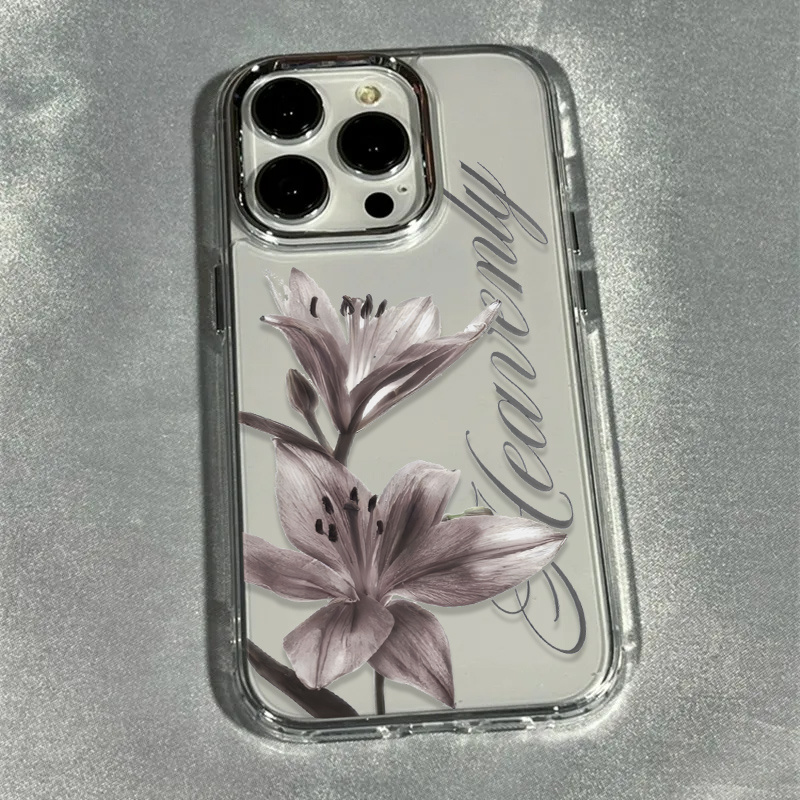 TEMU Phone Case - 1pc Ink Lily Brand Pattern Metal Frame Transparent Phone Case Full Cover Tpu For Iphone 17 16 15 14 13 12 11 Pro Xs Xr 8 7 Plus