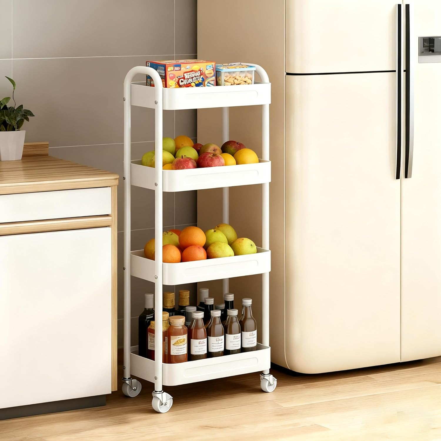 1pc Metal Slim Kitchen Trolley 4-shelf Rolling Rack With Brake Rubber Wheels Compact Kitchen Island